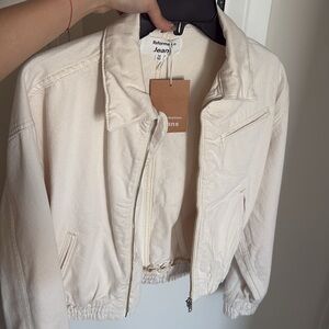 Reformation Kinsley Denim Cropped Bomber Jacket Ivory - Size XS